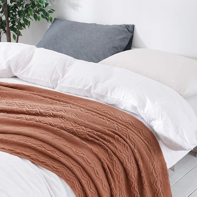 MIULEE Knitted Boho Throw Blanket for Couch Textured Knit Terracotta Rust Blanket with Tassels Cozy Woven Farmhouse Blanket for Sofa Bed Chair Wave Pattern Fall Decor 50"x60", Orange-Ruum Studio Home