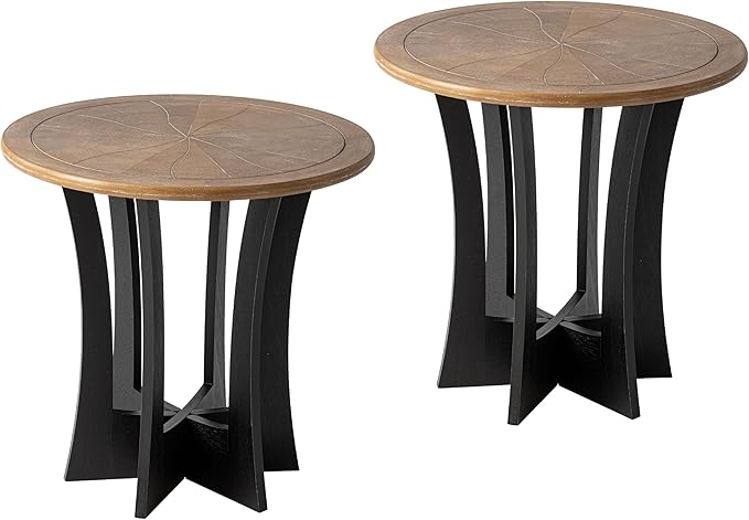 Farmhouse Round End Table X 2P with Criss-Cross Wood Legs, Rustic French Country Side Table for Dinning or Living Room, Modern, Black, Natural Wood-Ruum Studio Home