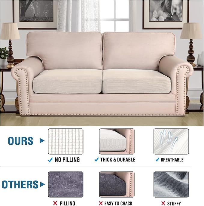 H.VERSAILTEX Super Stretch Individual Seat Cushion Covers - Sofa Couch Cushion Slipcover Sets - Thick Jacquard Textured Twill Fabric - Large (2 Piece, Ivory)-Ruum Studio Home