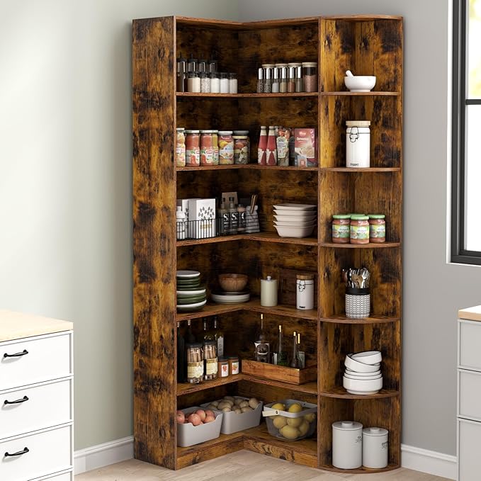 Loomie Bookshelves, 6 Tiers Shelf Large Tall Corner Etagere Bookcase with Full Baffle, L-Shaped Modern Storage Display Industrial Book Shelf for Bedroom, Home Office, Living Room & Kitchen, Rustic-Ruum Studio Home