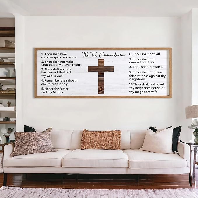 Ten Commandments Rustic Bible Verse Framed Wall Art 40" x 15" Natural Religious Christian Slogan Representing God Jesus Christ Prayer Vintage Holy Inspirational Catholic Scripture Decor-Ruum Studio Home