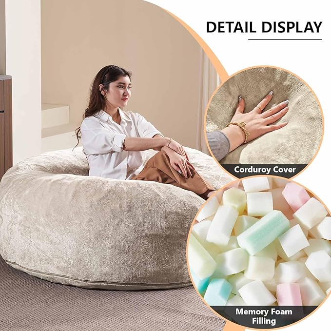 4FT Large Bean Bag Chairs,Big Adult Size Memory Foam Beanbags with Filler Included,Machine Washable corduroy cover,Ultra Soft Plush Gaming Bing Bag Puff Chair for Dorm, Living Room & Bedroom (Apricot)-Ruum Studio Home