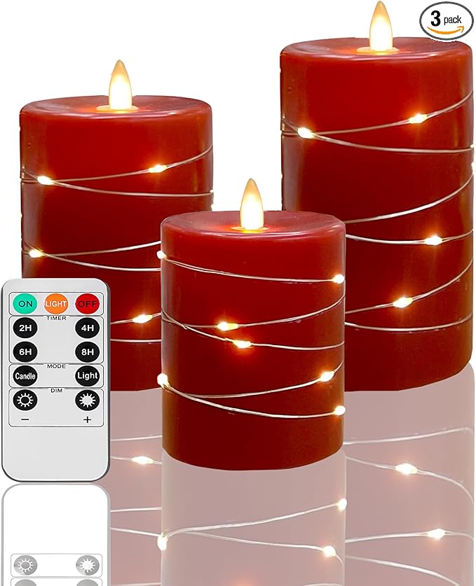 Red flameless Candles with Remote Control Timer Battery Operated LED Pillar Candles 4‘’ 5‘’ 6‘’ Fake Candles with String Lights Set of 3 for Christmas or Special Festivals Decorations-Ruum Studio Home