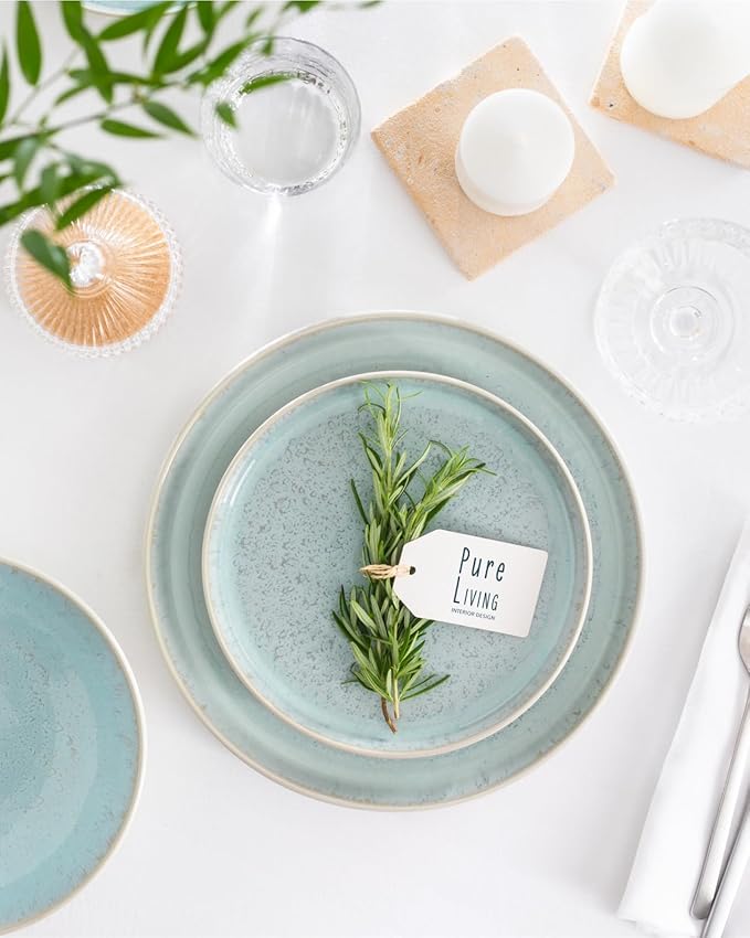 24 Piece Dinnerware Sets for 8 - Modern Style Stoneware Dinnerware Set - Microwave Safe Dinner Plates and Bowls Sets for 8, Ceramic Dish Set, Bowl and Plate Sets for 8, Beige Light Blue Set for 8…-Ruum Studio Home