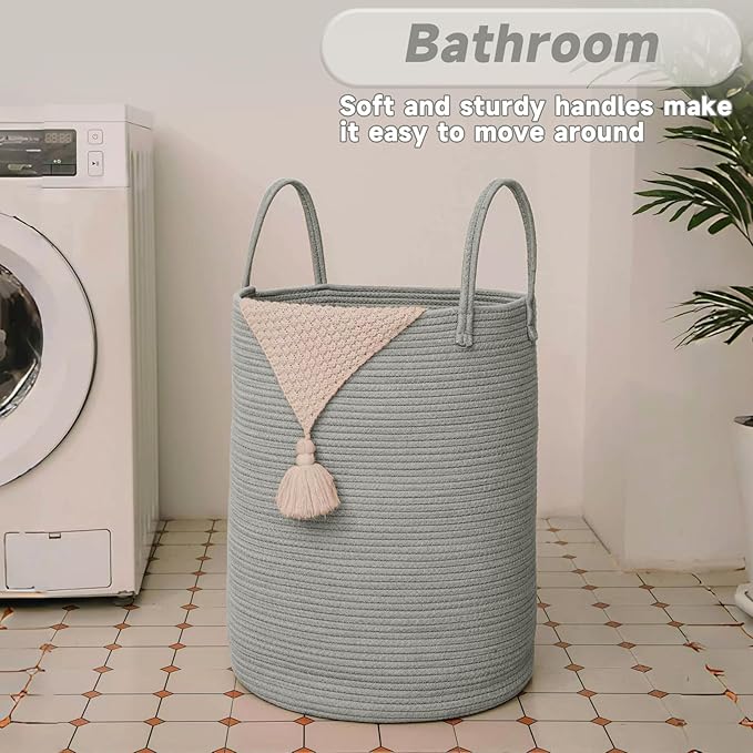 Large Woven Laundry Basket Hamper,100L Cotton Rope Storage Bin for Blankets,Toys and Clothes,Decorative Tall Nursery Hamper for Living Room,Baby Nursery,Bathroom and Bedroom,Grey-Ruum Studio Home