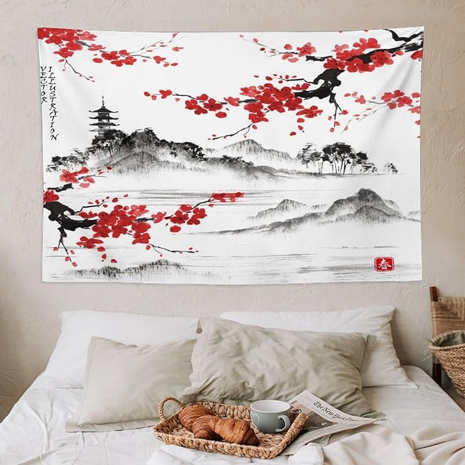 Cherry Blossoms Tapestry, Japanese Fuji Mountain Tapestry, Asian Japanese Wall Tapestry, Nature Landscape Tapestries for Bedroom Living Room Decor 60"x40"-Ruum Studio Home