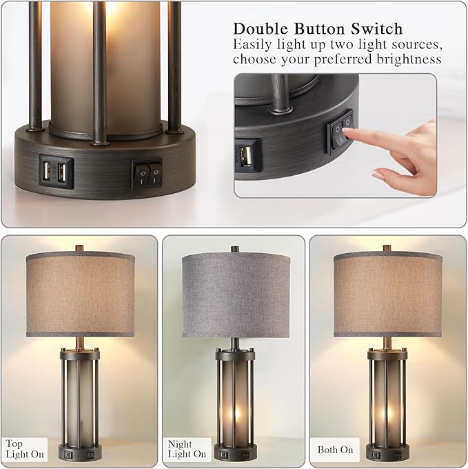 Set of 2 Rustic Table Lamps for Living Room with 2 USB Ports, Vintage Bedside Lamps with Gray Frosted Glass Night Light for Bedroom Desk Lamps for Entryway, 4 Bulbs Included-Ruum Studio Home