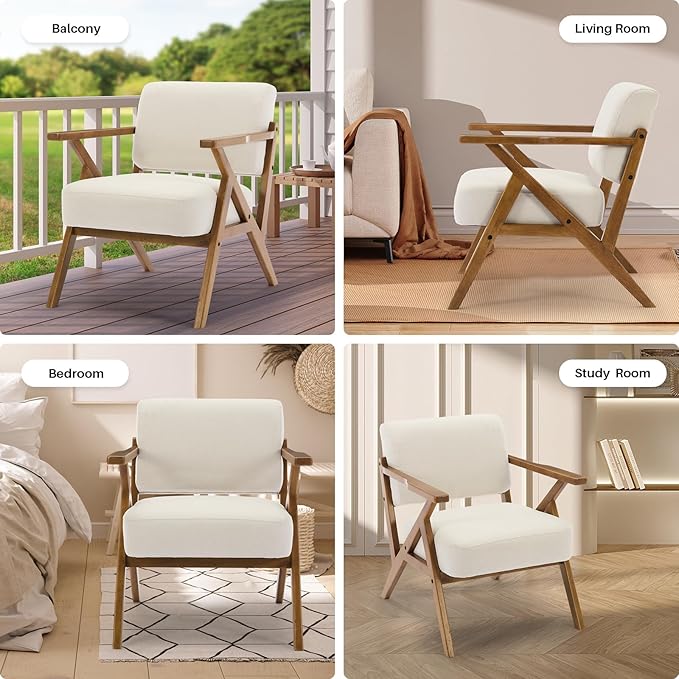 Mid-Century Modern Chair Upholstered Lounge Arm Chair with Solid Wood Frame Thicker Cushion for Living Room, Reading, Balcony, Beige Linen-Ruum Studio Home