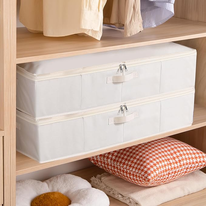 Underbed Storage Box, Clothes Organizer With Sturdy Structure and Reinforced Handles for Blanket, Sheets, Pillows, Towels, Shoes, Beige, 3 Pack, 31.5 x 15.7 x 5.9 Inch-Ruum Studio Home
