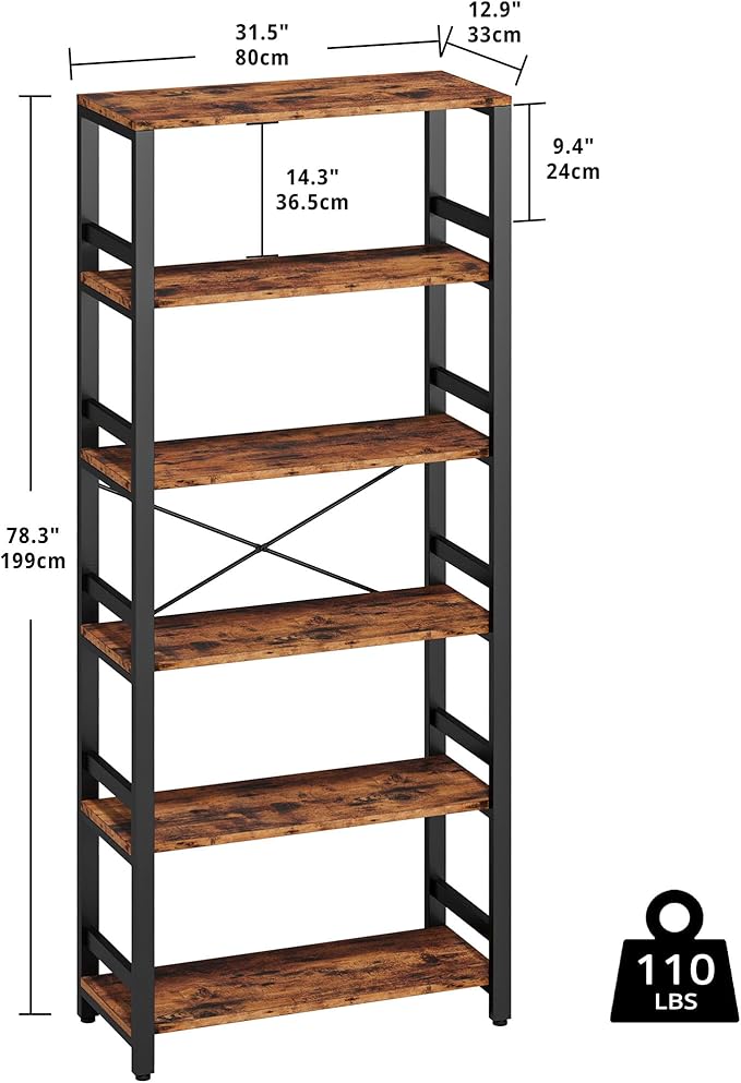 IRONCK Bookshelf, 31.5in Wide Shelf 6 Tier Bookcase, 110lbs/shelf Vintage Industrial Style Bookshelves for Bedroom, Living Room and Home Office, Vintage Brown-Ruum Studio Home