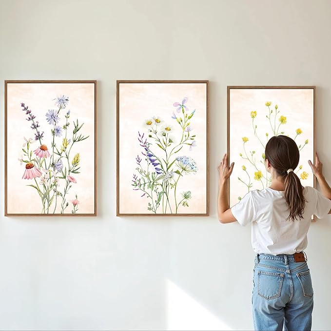 SIGNINART Watercolor Wildflower Framed Canvas Wall Art Set of 3, Boho Botanical Spring Floral Wall Decor, Colorful Minimalist Plant Art Prints for Farmhouse Living Room, Bedroom, Office, Bathroom 16"x24"-Ruum Studio Home