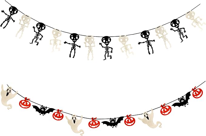 Gift Boutique - 9 Foot Halloween Garland Felt Banner Chain Decorations Indoor & Outdoor Party Supplies 18 Feet Total Pack of 2 Designs Skeletons Bat Pumpkin Ghost-Ruum Studio Home