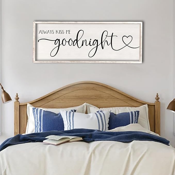flowtorely Always Kiss Me Goodnight Wall Sign For Master Bedroom Above Bed Wall Decor 32''×12'' Large Rustic Solid Wood Frame For Farmhouse Couples Above bed Wall Art Decoration (White)-Ruum Studio Home