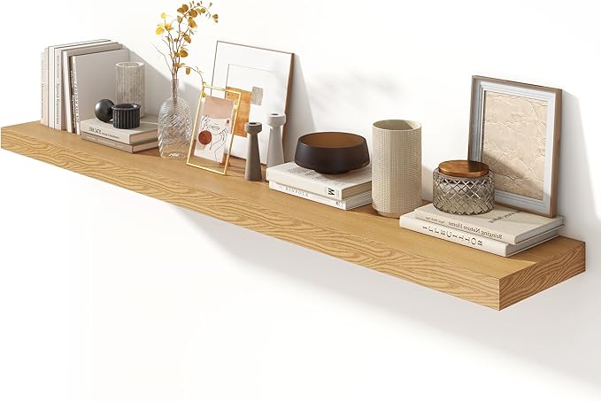 Deep Floating Shelves for Wall - 72 Inch Wide x 12 Inch Deep Wall Shelves Set of 1 - Rustic Oak Color Wood Shelves for Living Room, Bathroom, Laundry Room, Bedroom, Kitchen, Home Office-Ruum Studio Home
