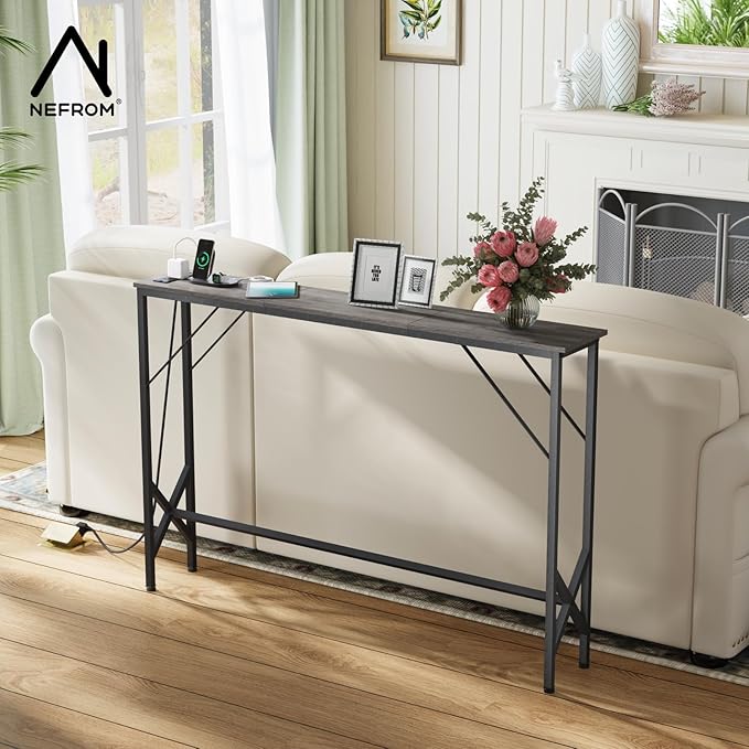 47.2'' Console Table, Skinny Entryway Table with Fast-Charging Station, Narrow Long Sofa Table, Behind Slim Couch Table for Entrance, Hallway, Living Room Decor ST-GY120-1-Ruum Studio Home
