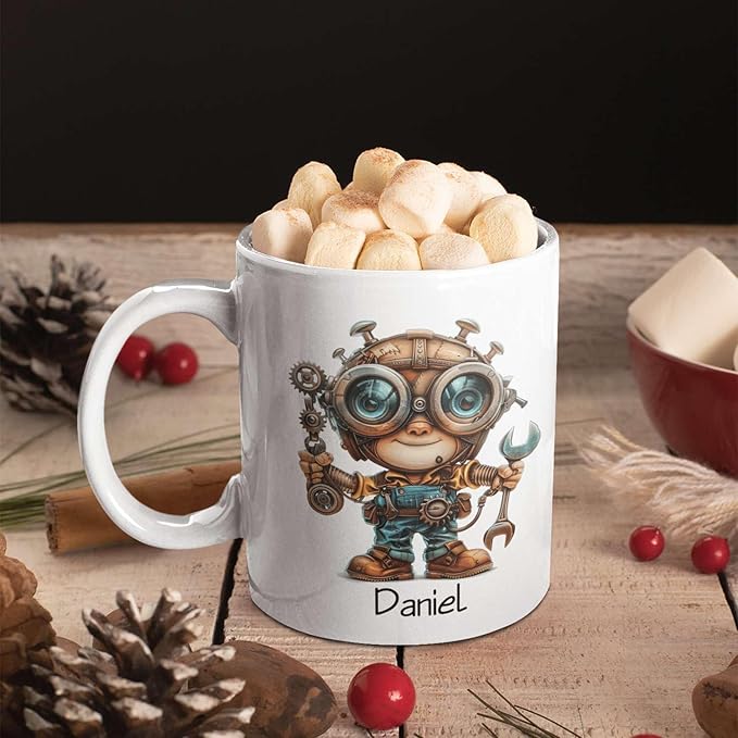 Personalized Tech Enthusiast Coffee Cup 11oz 15oz, Customized Steampunk Character Design Ceramic Mug, Unique Custom Name Mug Gift For Engineer, Kid Cup, Cute Mechanic White Cup-Ruum Studio Home