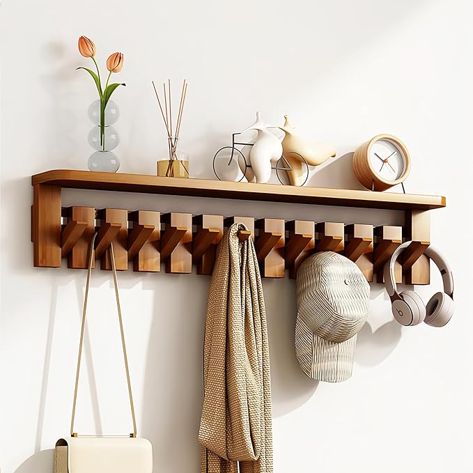 Wall Mounted Piano Key Hanger | Flip Style Hook | Entrance Wall Art Hook, Made of Oak Wood (3 Times Painted, 4 Times Polished) (Tray Walnut, 10Hooks)-Ruum Studio Home