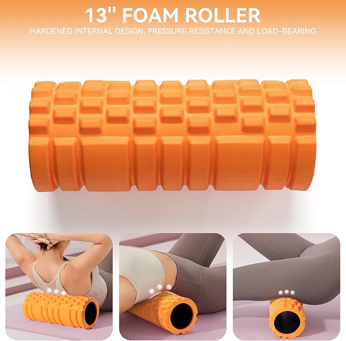 5 in 1 Foam Roller Set for Deep Tissue Muscle Massage, Trigger Point Fitness Exercise Foam Roller, Massage Roller, Massage Ball, Stretching Strap, for Whole Body (Orange Black)-Ruum Studio Home