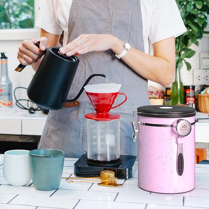 35OZ Coffee Canister for ground coffee with Date Tracker,pink 304 Stainless Steel Kitchen Food Airtight storage container for Coffee Beans or Grounds, Tea, Sugar-Ruum Studio Home