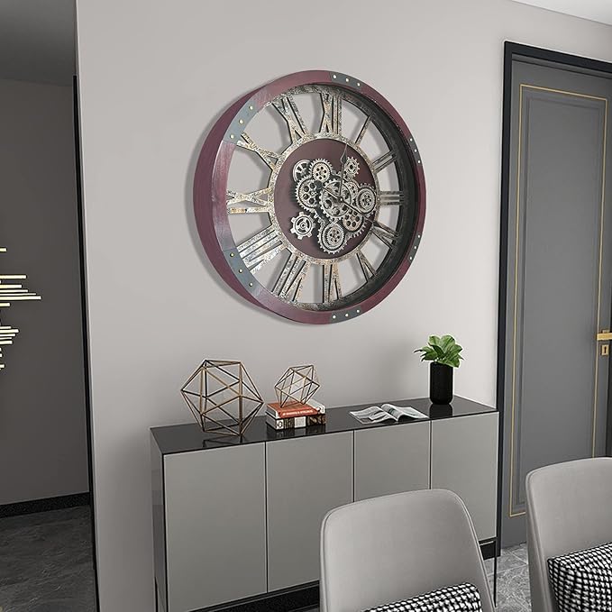 DORBOKER 36" Original Moving Gears Wall Clock, Large Industrial Wall Clock for Living Room Decor,Oversized Wood Vintage Farmhouse Steampunk Rustic Clocks for Wall Decor,Cherry Red-Ruum Studio Home