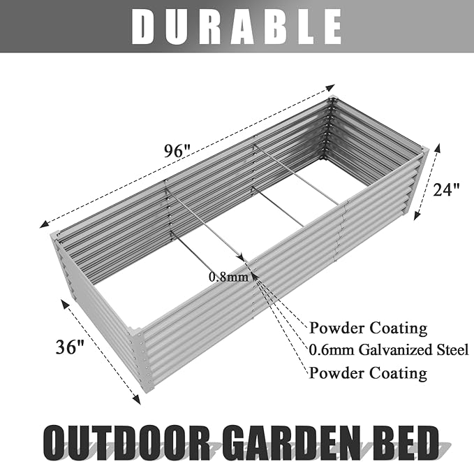 1 Pack 8x3x2FT Galvanized Raised Garden Bed Kit Retangular Metal Ground Planter Box Outdoor Bottomless Planter Raised Beds for Vegetables Flowers Herbs Fruits, Gray-Ruum Studio Home