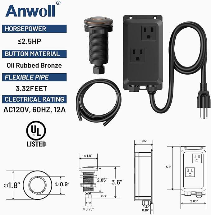 Garbage Disposal Air Switch Kit -Professional- Dual Outlet, Sink Top Waste Disposer On/Off, Garbage Disposal Button, Brass Made Cover, UL Listed-Ruum Studio Home