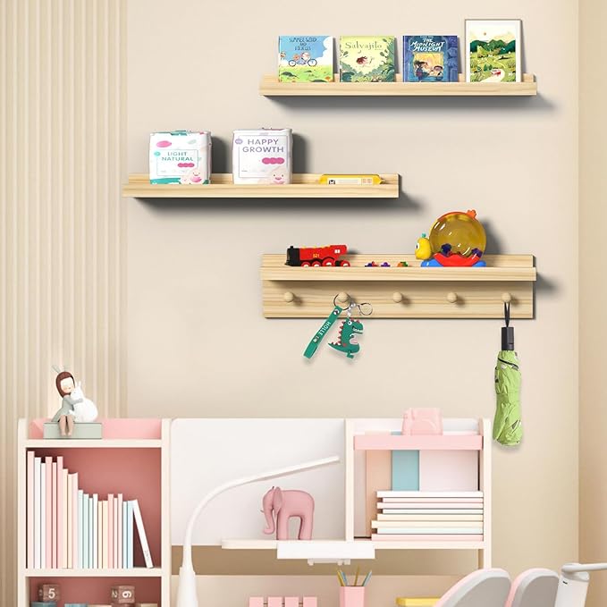 MBYD Natural Wood Floating Shelves, Unfinished Wood Picture Ledge, 24 Inch Picture Ledge for Kids Room, Floating Nursery Book Shelf with Hooks for Living Room, Kitchen, Bathroom-Ruum Studio Home