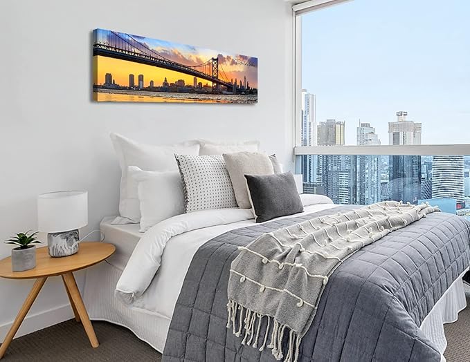 Philadelphia Skyline Wall Art Cityscape Living Room Decor Panorama Pictures City Building House Poster Canvas Print Bridge Sunset Scenery Office Bedroom Decorations Framed 13.8"x45.3"-Ruum Studio Home