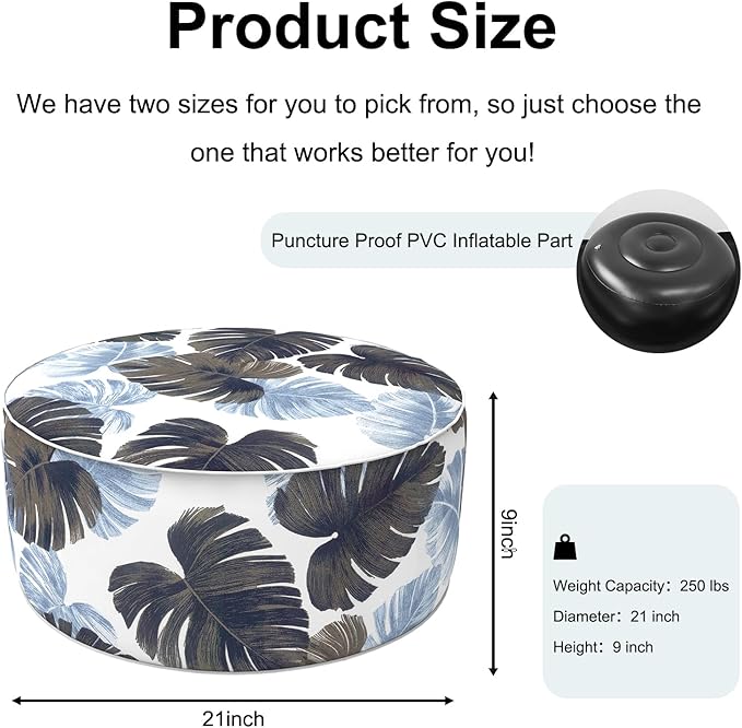 Inflatable Ottoman Stool D21 xH9 for Outdoor/Indoor Use, Water Repellent Patio Foot Rest Stool with Portable Handle,Round Pouf Ottoman Suitable for Garden,Deck and Camping - Monstera Blue-Ruum Studio Home