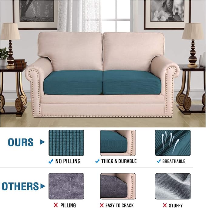 H.VERSAILTEX Super Stretch Individual Seat Cushion Covers Sofa Covers Couch Cushion Covers Slipcover Sets Thick Jacquard Textured Twill Fabric (2 Piece Medium Sofa Cushion Covers, Deep Teal)-Ruum Studio Home