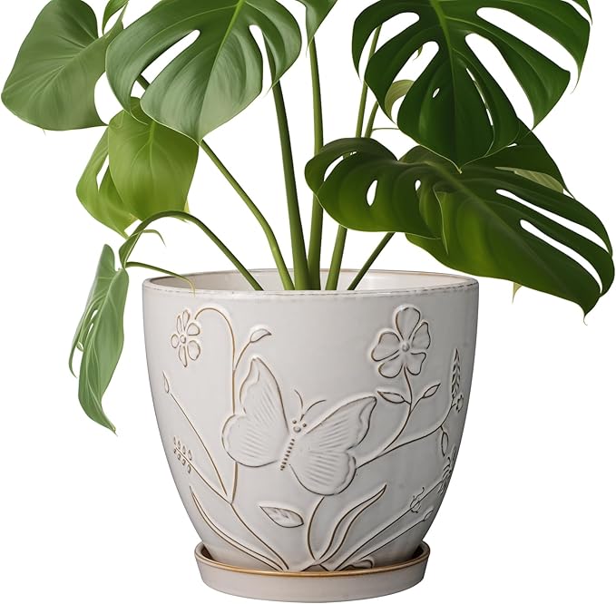 8 Inch Ceramic Pots for Plants Large Planter Pot with Drainage Hole and Saucer Round Flower Pot for Indoor Outdoor Decor, White-Ruum Studio Home