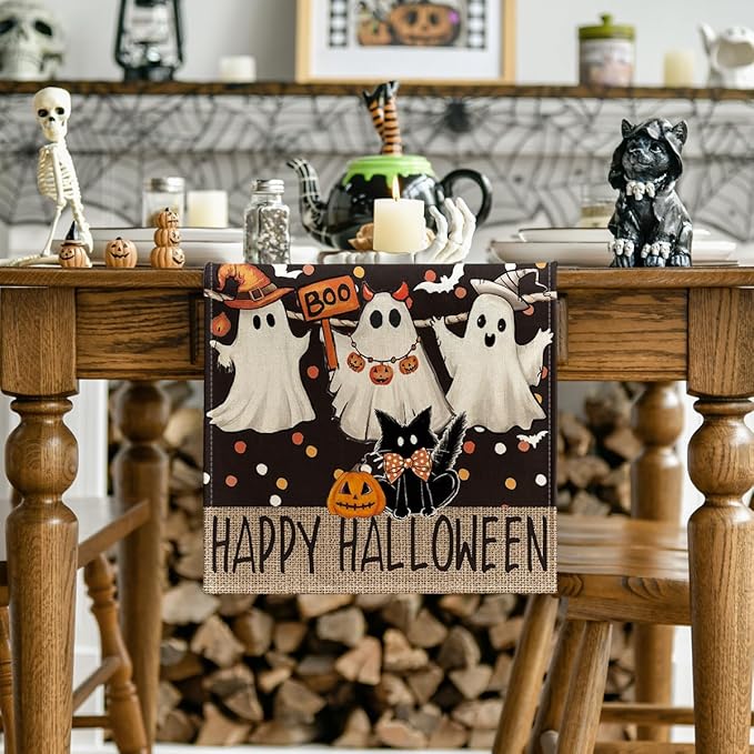 Artoid Mode Ghost Jack-O'-Lantern Black Cat Halloween Table Runner,Holiday Kitchen Dining Table Decoration for Home Party Decor 13 x 60 Inch-Ruum Studio Home