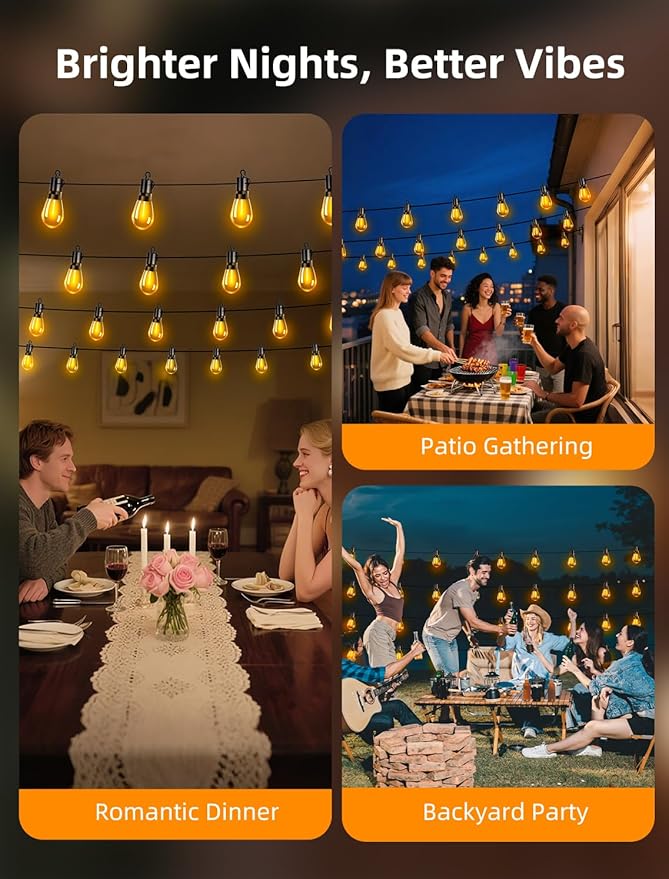 Outdoor Patio String Lights: S14 Shatterproof Bulb Outside Waterproof Light - 50Ft 15M Remote Dimmable Connectable Hanging Outdoor Electric Lighting - Garden Backyard Yard Gazebo Porch Party-Ruum Studio Home