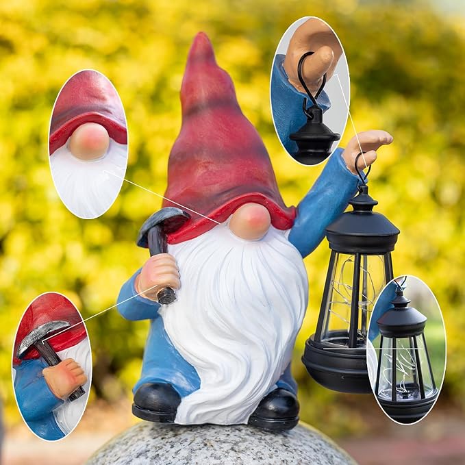Garden Gnome Statue Solar Light Outdoor Decorations Figurine with Lantern Led Shovel Sculpture Lawn Patio Yard Porch Outside Christmas Housewarming Gifts for Women Mother's Day Grandma-Ruum Studio Home