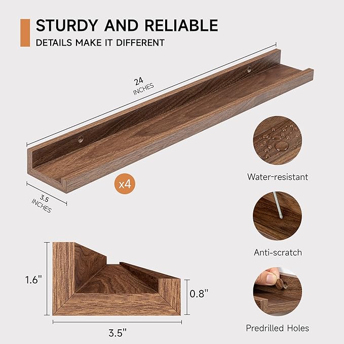 Picture Ledge Shelf for Wall, Floating Shelves Set of 4, 24 Inch Long Nursery Book Shelves for Toys Storage, Kids Bookshelf Wall Mounted for Books Photo Frames, Walnut-Ruum Studio Home