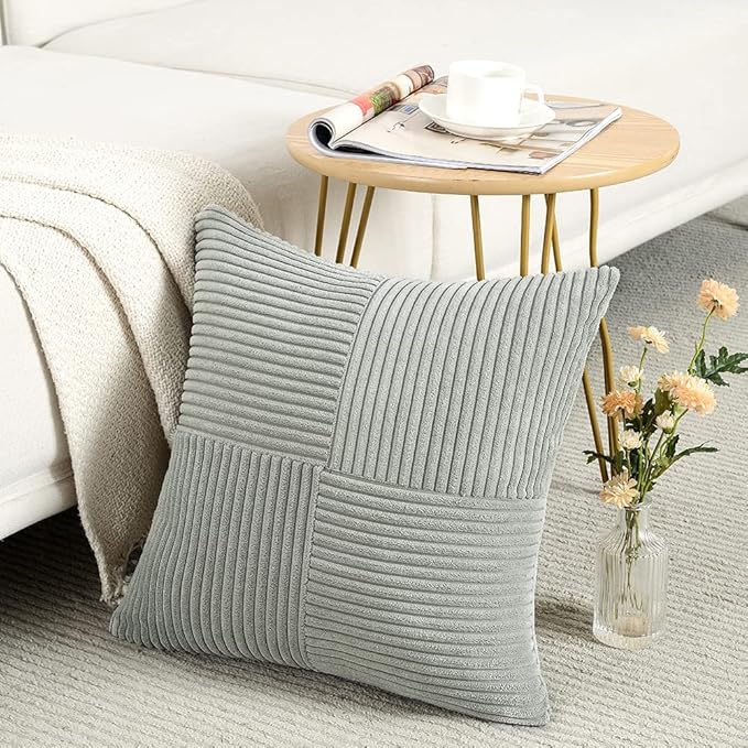 Fancy Homi 2 Packs Grey Big Decorative Throw Pillow Covers 24x24 Inch for Couch Bed, Rustic Farmhouse Boho Home Decor, Soft Corss Corduroy Patchwork Accent Square Gray Cushion Case 60x60 cm-Ruum Studio Home