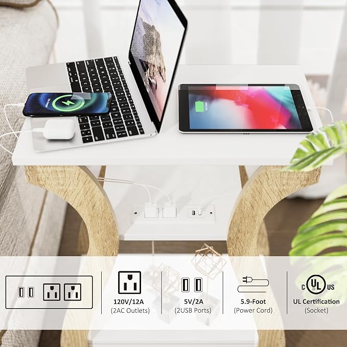 End Table Set of 2 with Charging Station, Side Table with USB Ports and Outlets, Nightstand, 3 Tier End Table with Storage Shelf for Living Room, Bedroom (White Set of 2)-Ruum Studio Home