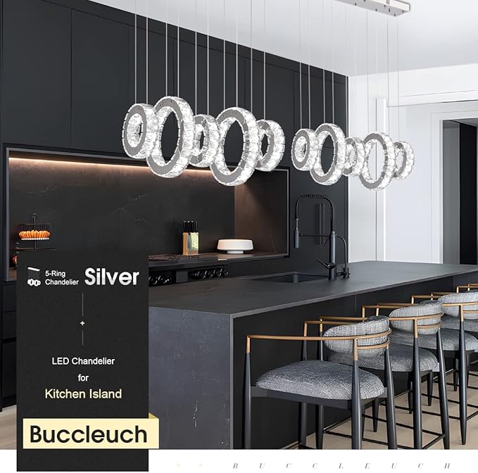 Buccleuch Modern Crystal Chandelier, Dimmable LED Ceiling Light Fixture 5-Ring Adjustable Stainless Steel Pendant Light, Silver Crystal Chandeliers for Dining Room, Bedroom, Living Room - Cool White-Ruum Studio Home