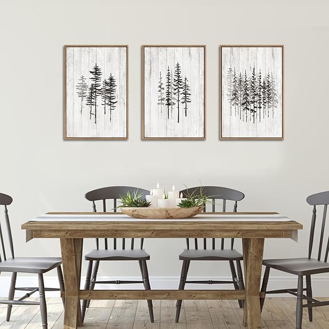 HPINUB Woodcut Style Pine Tree Framed Canvas Wall Art Set, Minimalist Modern Black and White Forest Wall Decor, Rustic Minimalist Canvas Painting for Living Room,Bedroom,Office Decor-16 x24 x3-Ruum Studio Home