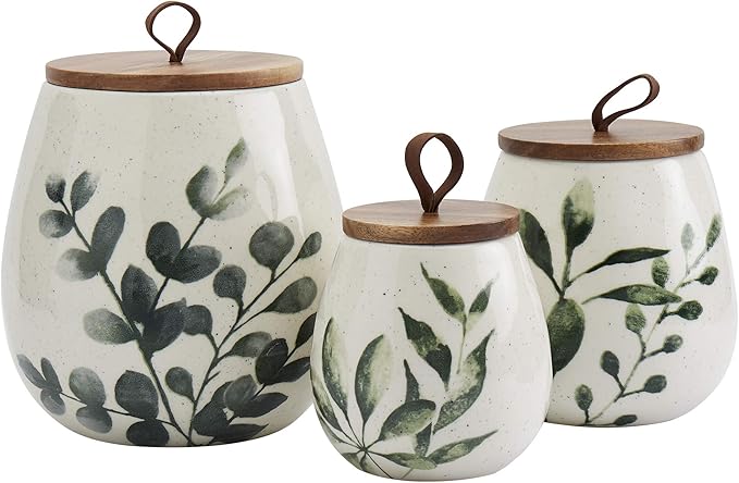 TTU Tabletops Gallery Ceramic Canister Collection- Stoneware Designed Kitchen Storage Acacia Wood White Set, 3 Piece Green Leaf Canister Set-Ruum Studio Home