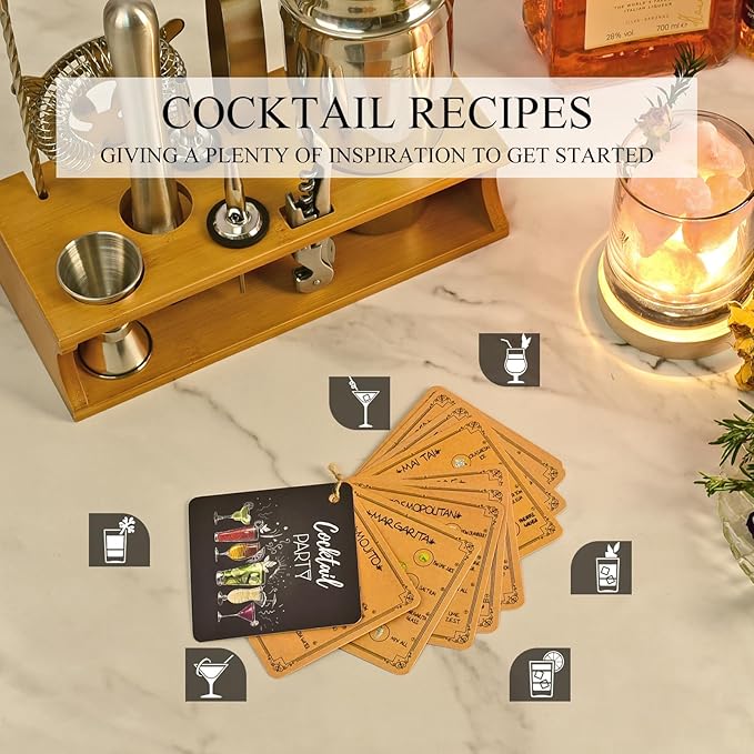 Bartender Kit Cocktail Shaker Set with Stand Bar Tool Bar Set for Drink Mixing Home Bartending Kit 11-Piece Bar Cart Accessories: Martini Shaker, Mixer Spoon, Jigger, Muddler, Strainer & Recipes Gifts-Ruum Studio Home