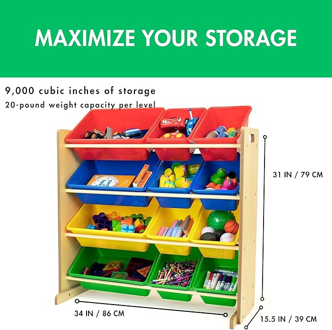 Humble Crew, Natural/Primary Kids' Toy Storage Organizer with 12 Plastic Bins, 34*35*15.5inch-Ruum Studio Home