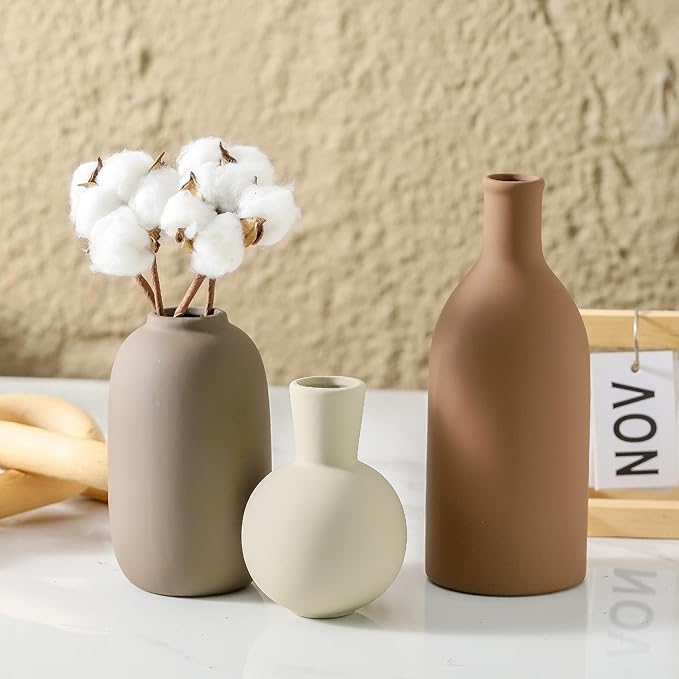 Ceramic Vases Set of 3, Modern Neutral Rustic Farmhouse Home Decor Pottery Pampas Decoration for Living Room, Table, Bathroom, Bedroom, Entryway - Brown-Ruum Studio Home