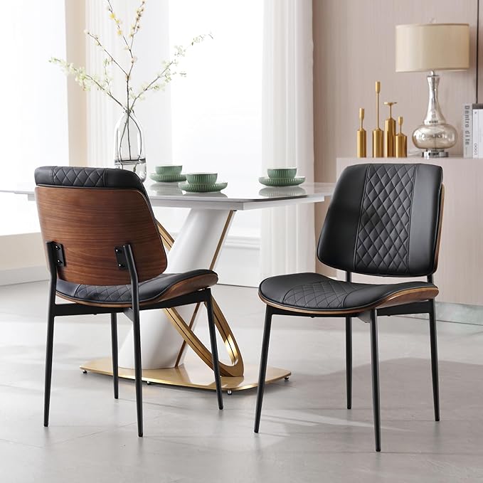 BV Dining Chairs Set of 6, PU Leather Armless Kitchen Chair in Modern Walnut Style, Mid Century Bentwood Side Chair with Metal Legs, Retro Accent Guest Chair for Kitchen Dining Room(Black)-Ruum Studio Home