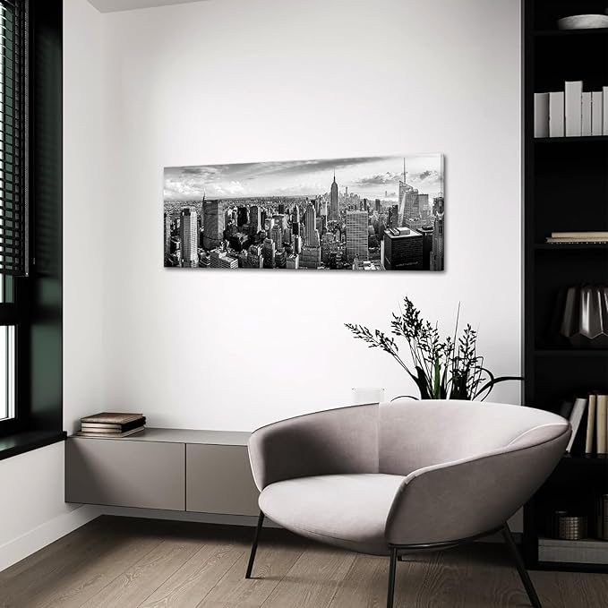 LevvArts New York Canvas Wall Art Black and White City Skyline Picture Panoramic Photo Canvas Print Modern Home Office Living Room Wall Decoration Ready to Hang 20"x55"-Ruum Studio Home