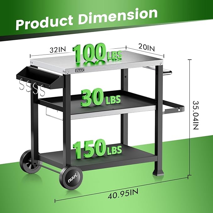 NUUK 3-Shelf Grill Cart with Stainless Steel Top – 20" x 32" Mobile Outdoor Kitchen Table for Pizza Oven, Food Prep, and Dining – Worktable with Wheels,-Ruum Studio Home