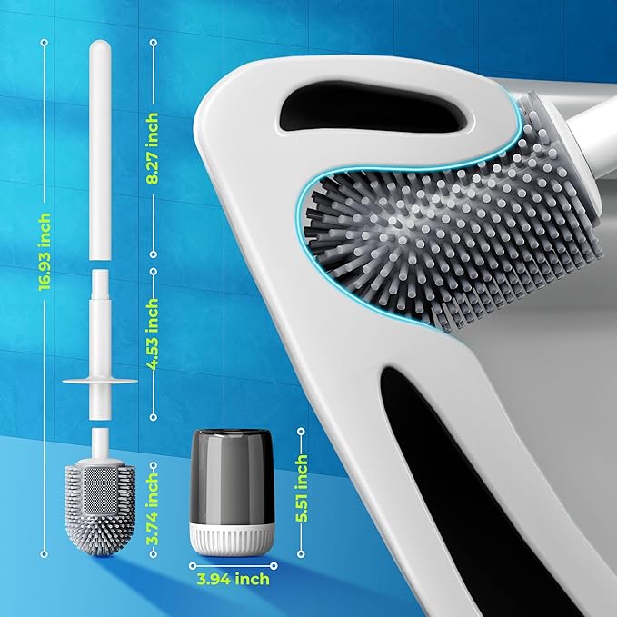 Silicone Toilet Brush and Holder Set with L-Shaped Brush Head, Wall Mounted Toilet Brush Set with Long Non-Slip Handles, Compact Toilet Bowl Cleaner Brush Suitable for RV Trailers & Bathroom (2 Pack)-Ruum Studio Home