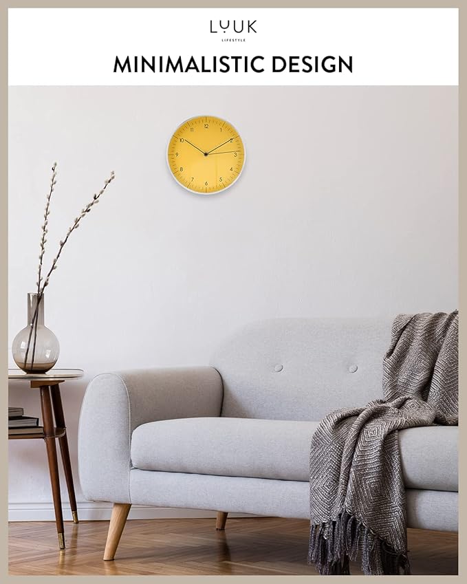 LUUK LIFESTYLE 10” Quartz Wall Clock with Silent Movement, Timeless Scandinavian Design, Kitchen Wall Clock, Decoration for Children's Room, Yellow and Silver-Ruum Studio Home