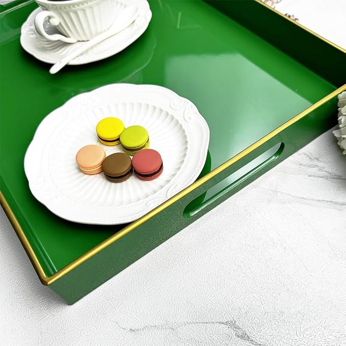 Large Decorative Tray, Emerald Green Serving Tray with Handles, Plastic Coffee Table Tray for Ottoman, Living Room, Bathroom, Decor. 15.7” x 11.8” x1.6”-Ruum Studio Home