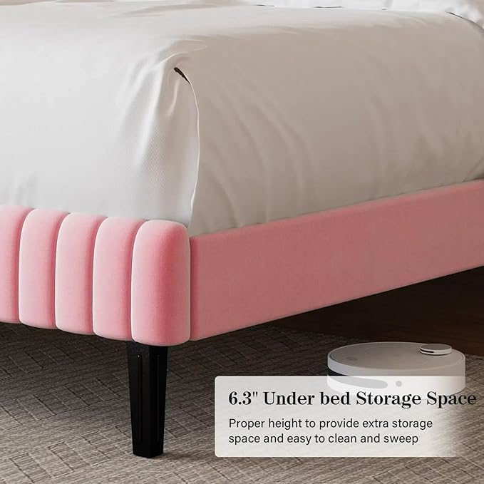 King Size Bed Frame with Headboard, Velvet Upholstered Platform Bed with Vertical Channel Tufted Design, No Box Spring Required, Easy Assembly, Pink-Ruum Studio Home